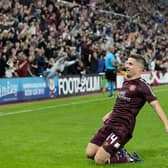 Hearts' Cammy Devlin celebrates as he scores to make it 3-1 during a UEFA Conference League Qualifier between Hearts and Rosenborg at Tynecastle Park last week  (Photo by Mark Scates / SNS Group)