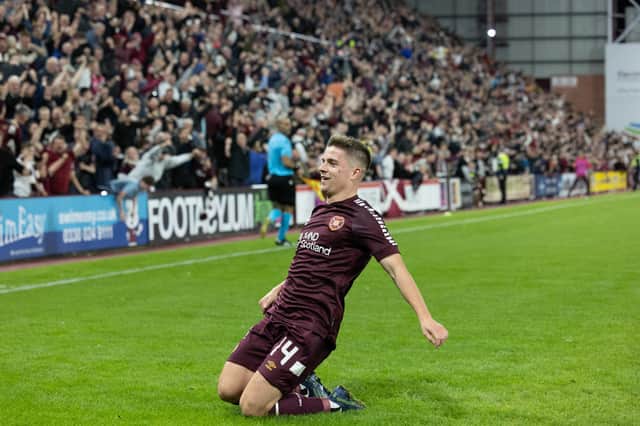 Hearts' Cammy Devlin celebrates as he scores to make it 3-1 during a UEFA Conference League Qualifier between Hearts and Rosenborg at Tynecastle Park last week  (Photo by Mark Scates / SNS Group)