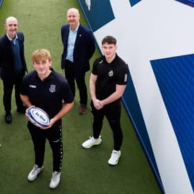 Ben White of Biggar Rugby (left), CEO of the Robertson Trust, Jim McCormick (second from left), Joss Arnold of Musselburgh (centre), Scottish Rugby Technical and Operations Director, Stephen Gemmell (second from right) and Jack Craig of Ayr RFC during the MacPhail Scholarship launch.