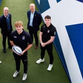 Ben White of Biggar Rugby (left), CEO of the Robertson Trust, Jim McCormick (second from left), Joss Arnold of Musselburgh (centre), Scottish Rugby Technical and Operations Director, Stephen Gemmell (second from right) and Jack Craig of Ayr RFC during the MacPhail Scholarship launch.