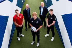 Ben White of Biggar Rugby (left), CEO of the Robertson Trust, Jim McCormick (second from left), Joss Arnold of Musselburgh (centre), Scottish Rugby Technical and Operations Director, Stephen Gemmell (second from right) and Jack Craig of Ayr RFC during the MacPhail Scholarship launch.
