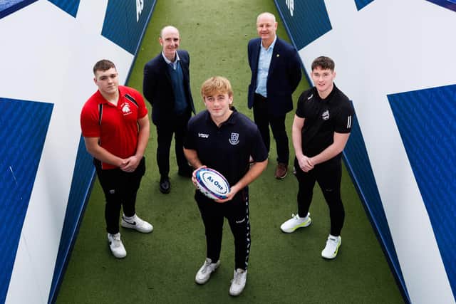 Ben White of Biggar Rugby (left), CEO of the Robertson Trust, Jim McCormick (second from left), Joss Arnold of Musselburgh (centre), Scottish Rugby Technical and Operations Director, Stephen Gemmell (second from right) and Jack Craig of Ayr RFC during the MacPhail Scholarship launch.