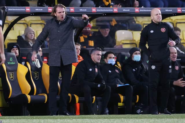 Hearts boss Robbie Neilson makes his point from the sidelines.