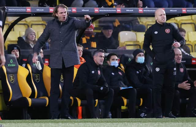 Hearts boss Robbie Neilson makes his point from the sidelines.