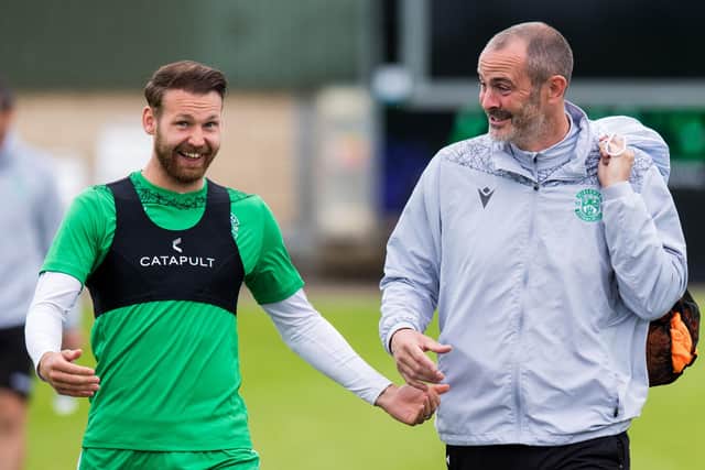Martin Boyle (left) has a strong relationship with Hibs manager Jack Ross and and assistant manager John Potter (pictured right). Photo by Ross Parker / SNS Group
