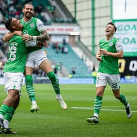 Hibs' Martin Boyle celebrates with teammates after making it 2-0 during a UEFA Europa Conference League qualifier against Inter Club d'Escaldes at Easter Road. Photo by Ross Parker / SNS Group