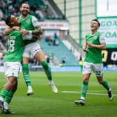 Hibs' Martin Boyle celebrates with teammates after making it 2-0 during a UEFA Europa Conference League qualifier against Inter Club d'Escaldes at Easter Road. Photo by Ross Parker / SNS Group