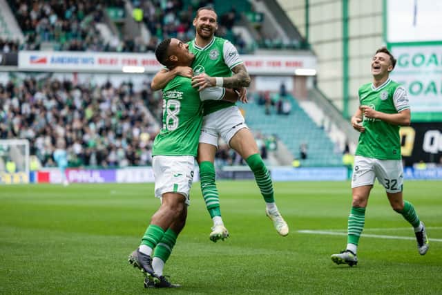 Hibs' Martin Boyle celebrates with teammates after making it 2-0 during a UEFA Europa Conference League qualifier against Inter Club d'Escaldes at Easter Road. Photo by Ross Parker / SNS Group