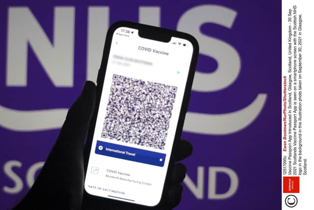 Scotland's vaccine passport app is seen on a smartphone screen. Picture: Ewan Bootman/NurPhoto/Shutterstock