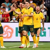 Australia celebrate Tom Rogic's goal against Vietnam.