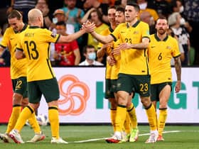 Australia celebrate Tom Rogic's goal against Vietnam.