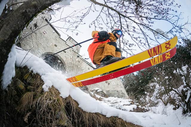 Markus Eder exits Taufers Castle, Italy, in the final scene of The Ultimate Run PIC: Red Bull