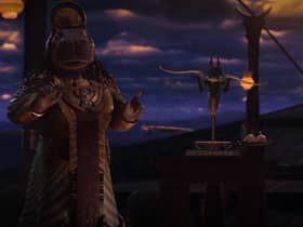 Tawaret guides Marc and Steven through the Egyptian afterlife, Duat. Photo: Disney / Marvel.