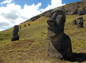 Some of the 390 statues, or moais in the Rapa Nui language, on the hillside of the Rano Raraku volcano in Easter Island (Picture: Martin Bernetti/AFP via Getty Images)