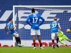GLASGOW, SCOTLAND - NOVEMBER 22: Rangers' James Tavernier (L) makes it 4-0 with a penalty during a Scottish Premiership match between Rangers and Aberdeen at Ibrox Stadium, on November 22, 2020, in Glasgow, Scotland (Photo by Craig Foy / SNS Group)
