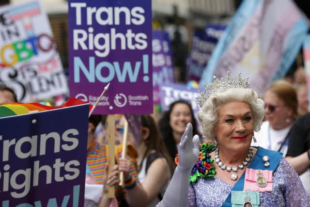 Trans rights protesters take part in Pride Glasgow, Scotland's lesbian, gay, bisexual, transgender and intersex (LGBTI) pride event in Glasgow.