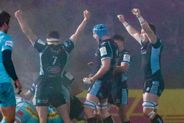Glasgow players celebrate during the win over Exeter. (Photo by Craig Williamson / SNS Group)