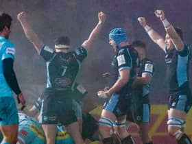 Glasgow players celebrate during the win over Exeter. (Photo by Craig Williamson / SNS Group)