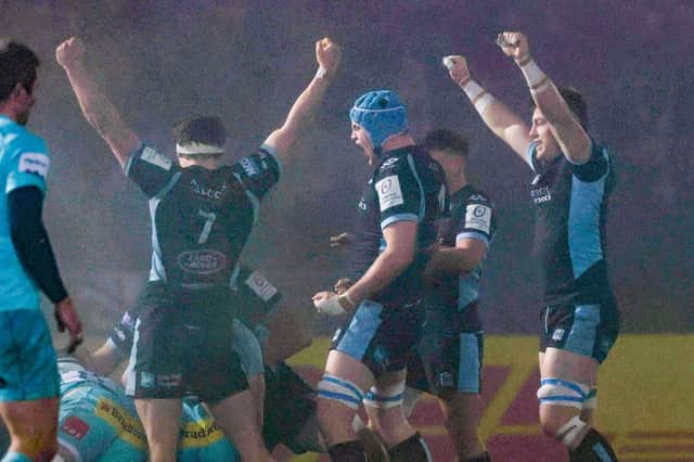 Glasgow players celebrate during the win over Exeter. (Photo by Craig Williamson / SNS Group)