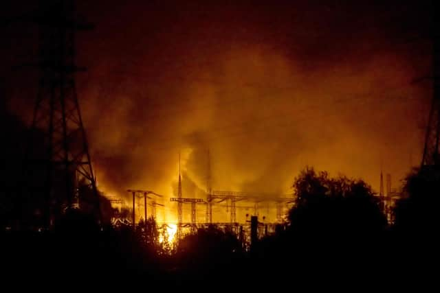 This general view shows a burning fire at a power station in Kharkiv, late September 11, 2022, following a missile strike amid the Russian invasion of Ukraine. (Photo by Yevhen TITOV / AFP) (Photo by YEVHEN TITOV/AFP via Getty Images)