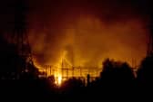 This general view shows a burning fire at a power station in Kharkiv, late September 11, 2022, following a missile strike amid the Russian invasion of Ukraine. (Photo by Yevhen TITOV / AFP) (Photo by YEVHEN TITOV/AFP via Getty Images)