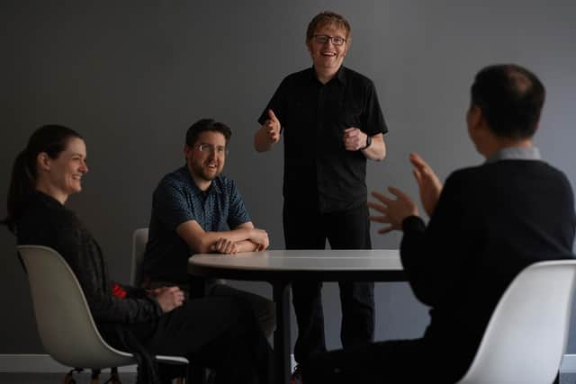 Shona Martin (sensor engineer), Tim Lukins (co-founder and CTO), Anthony Ashbrook (co-founder and CEO) and Wei Deng (senior software engineer) of Machines With Vision. Picture: Stewart Attwood