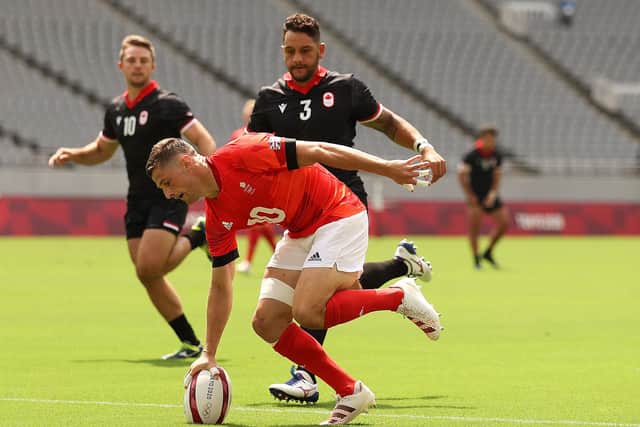 Robbie Fergusson of Team Great Britain scores a try on day three of the 2020 Olympic Games at Tokyo Stadium. Picture: Dan Mullan/Getty Images