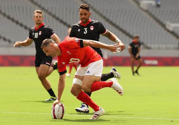 Robbie Fergusson of Team Great Britain scores a try on day three of the 2020 Olympic Games at Tokyo Stadium. Picture: Dan Mullan/Getty Images
