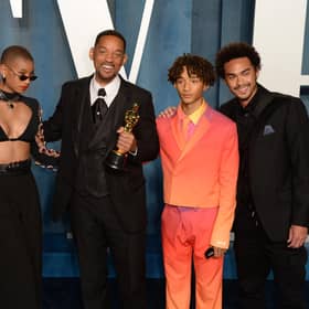 Will Smith with his sons Trey Smith and Jaden Smith, daughter Willow Smith and wife Jada Pinkett Smith attending the Vanity Fair Oscar Party.