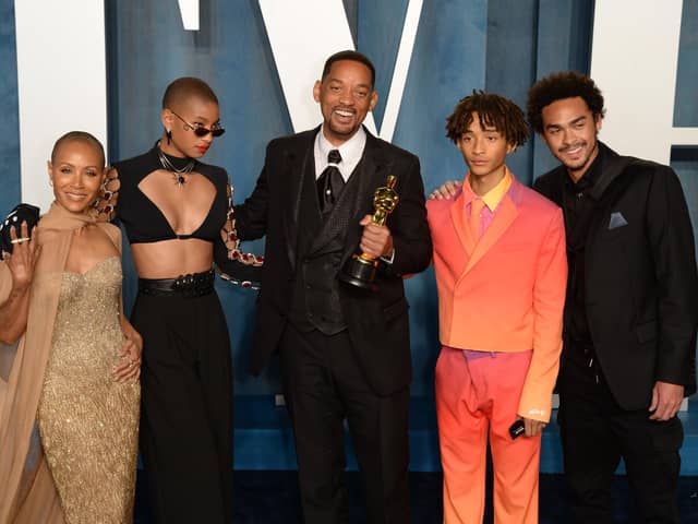 Will Smith with his sons Trey Smith and Jaden Smith, daughter Willow Smith and wife Jada Pinkett Smith attending the Vanity Fair Oscar Party.