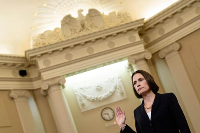 Fiona Hill, the former top Russia expert on the National Security Council, is sworn-in before she testifies during the House Intelligence Committee hearing as part of the impeachment inquiry into US President Donald Trump on Capitol Hill in Washington,DC on November 21, 2019. (Photo by Brendan Smialowski / AFP) (Photo by BRENDAN SMIALOWSKI/AFP via Getty Images)