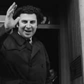 Mikis Theodorakis pictured outside the Italian Workers Confederation in Rome, circa 1970. (Photo by Keystone/Hulton Archive/Getty Images)