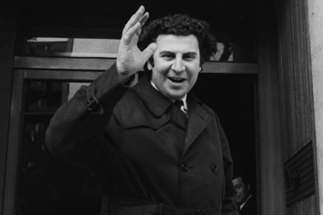 Mikis Theodorakis pictured outside the Italian Workers Confederation in Rome, circa 1970. (Photo by Keystone/Hulton Archive/Getty Images)