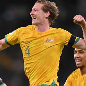 Kye Rowles celebrates his first goal in Australia colours.