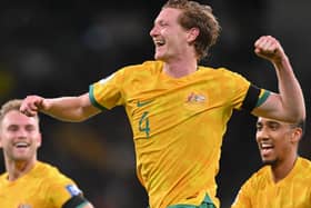 Kye Rowles celebrates his first goal in Australia colours.