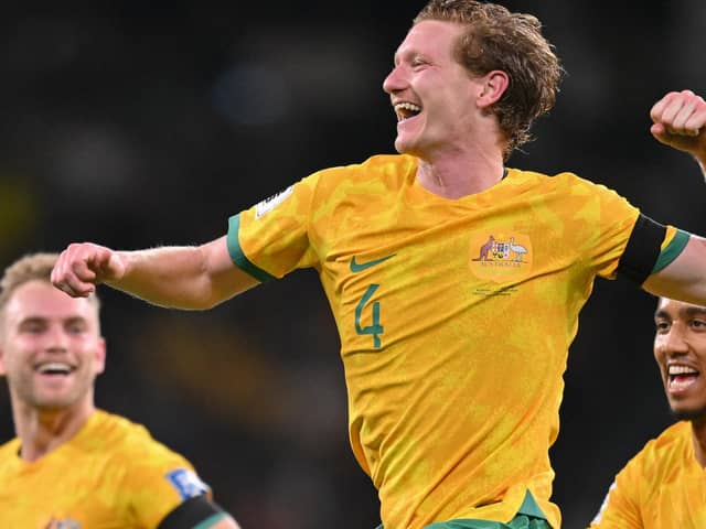 Kye Rowles celebrates his first goal in Australia colours.