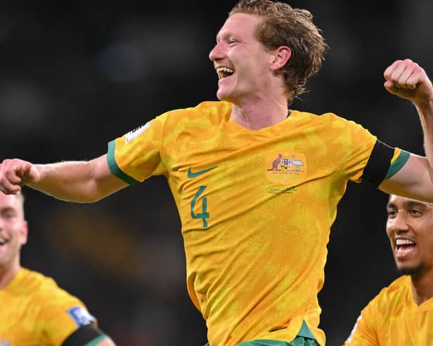 Kye Rowles celebrates his first goal in Australia colours.