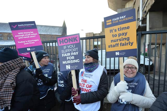 Members of the Royal College of Nursing (RCN) on the picket line outside the Royal Liverpool University Hospital in Liverpool. Picture: PA