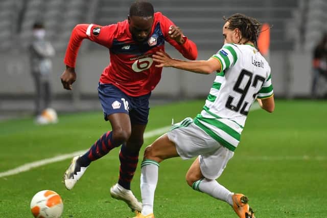 Celtic defender Diego Laxalt challenges Jonathan Ikone during the Europa League clash. Picture: SNS