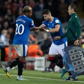 Antonio Colak (R) replaces Alfredo Morelos during Rangers' recent Champions League match against Liverpool at Ibrox. (Photo by Craig Williamson / SNS Group)