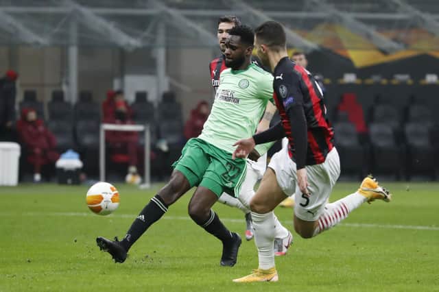 Odsonne Edouard puts Celtic 2-0 up in the San Siro. Picture: AP