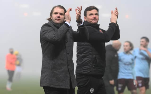Hearts manager Robbie Neilson and assistant Lee McCulloch applaud the Hearts fans.