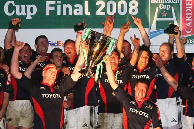 Ronan O'Gara, pictured right lifting the trophy, twice won the Heineken Cup with Munster. Picture: David Rogers/Getty Images