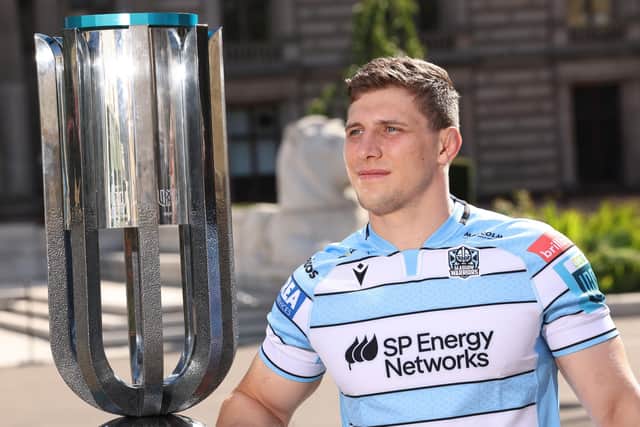 Rory Darge with the URC trophy during a Glasgow Warriors civic reception at the Glasgow City Chambers. (Photo by Ross MacDonald / SNS Group)