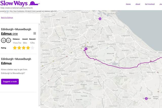 The Slow Ways website, showing part of the suggested 11km route from Edinburgh Waverley to Musselburgh