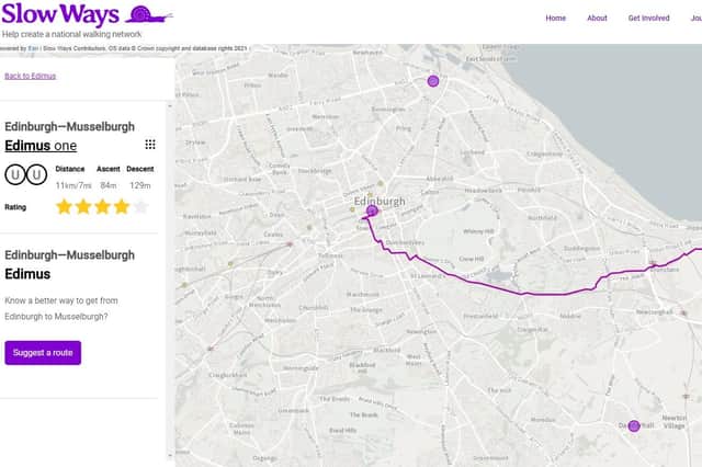 The Slow Ways website, showing part of the suggested 11km route from Edinburgh Waverley to Musselburgh