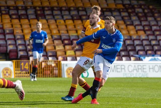Cedric Itten makes it 4-0 to Rangers during a Scottish Premiership match between Motherwell and Rangers at Fir Park Stadium on 27 September, in Motherwell, Scotland (Photo by Craig Williamson / SNS Group)