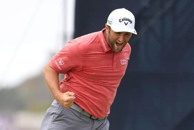 Jon Rahm celebrates making his putt for birdie on the 18th green during the final round of the 2021 US Open at Torrey Pines. Picture: Sean M. Haffey/Getty Images.