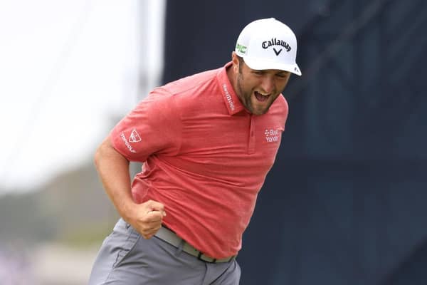 Jon Rahm celebrates making his putt for birdie on the 18th green during the final round of the 2021 US Open at Torrey Pines. Picture: Sean M. Haffey/Getty Images.