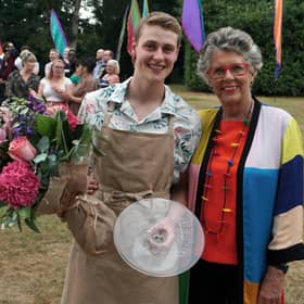 Great British Bake Off winner Peter with judge, Prue Leith.